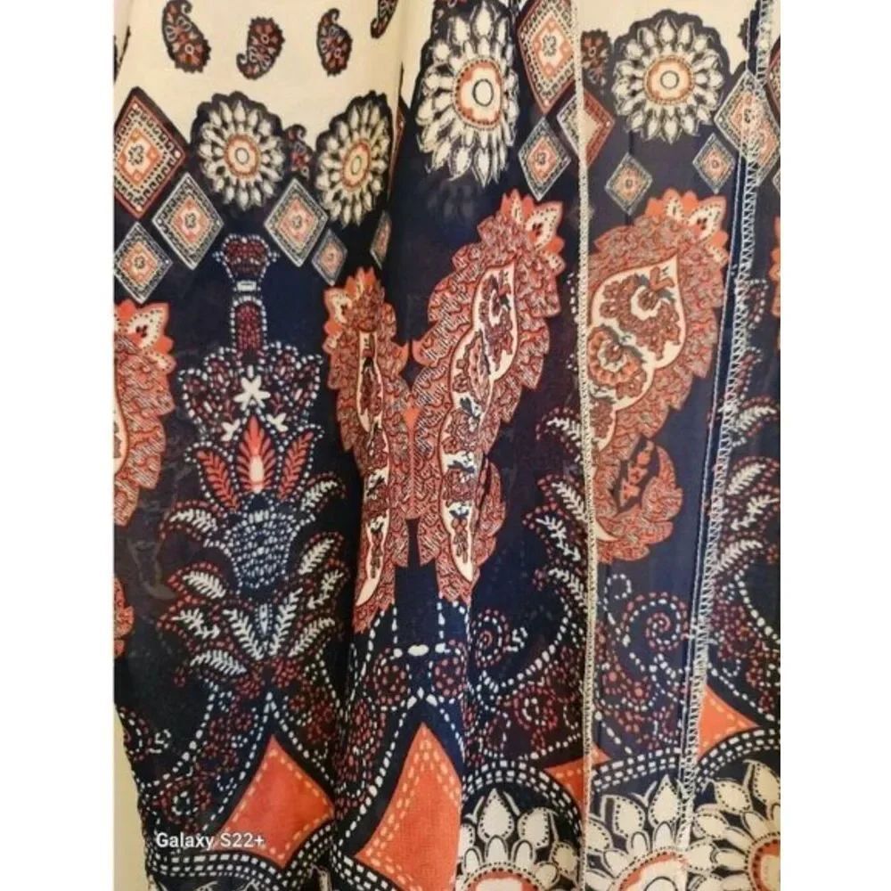 C25 Rue21 Navy, Coral & Cream Paisley & Butterfly Open Front Kimono- Fringed - Picture 3 of 10